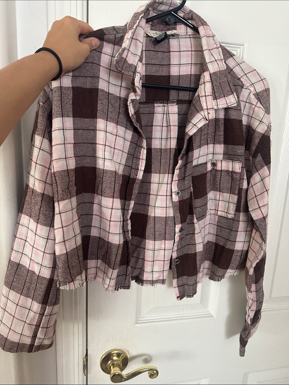 Women’s Pink & Brown Plaid Crop Button-Up Shirt Jacket